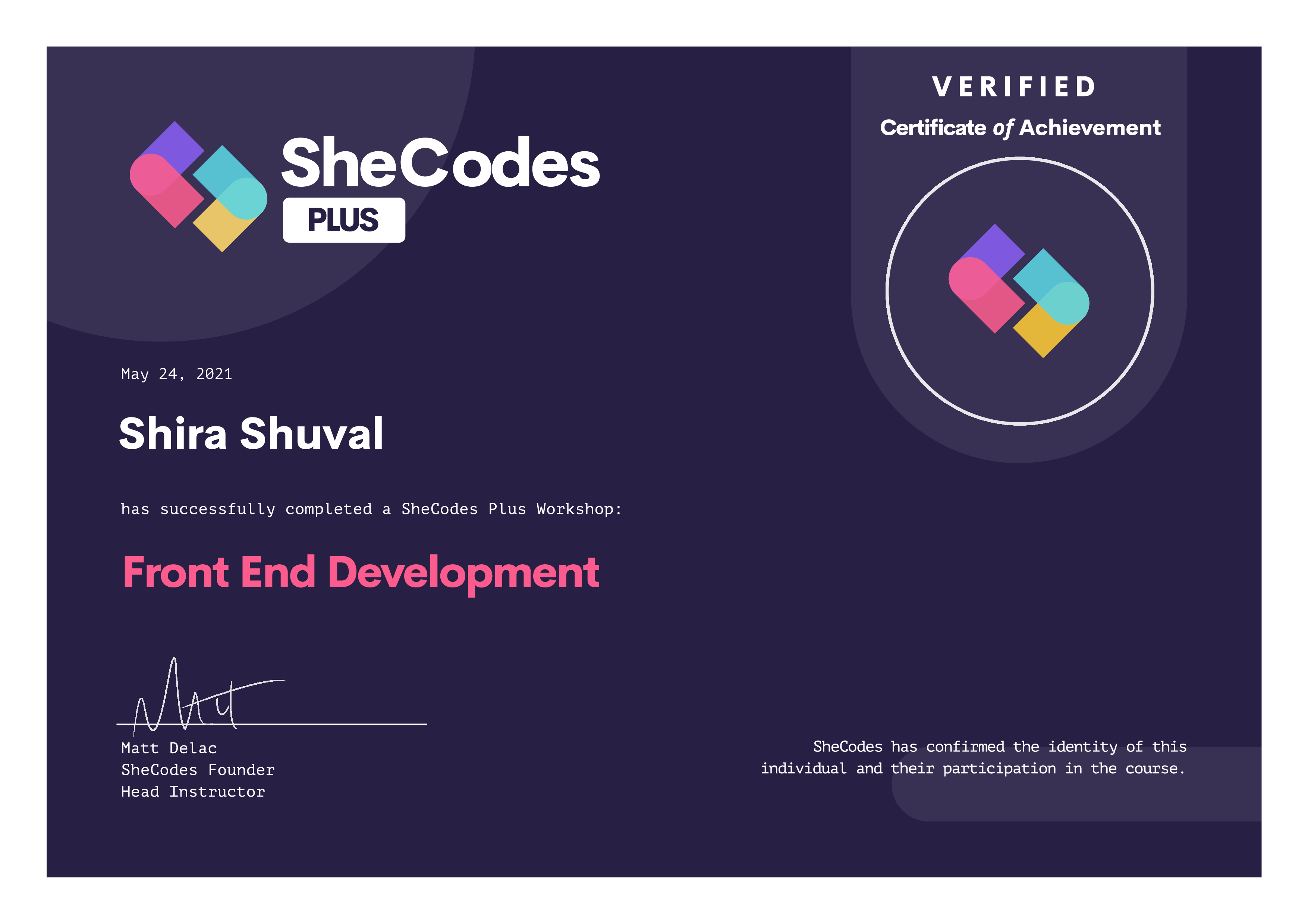 SheCodes Plus certificate